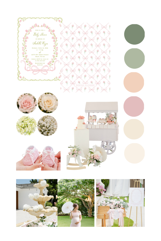 Garden Rose baby shower mood board featuring blush pink, cream, sage green, and floral inspiration.