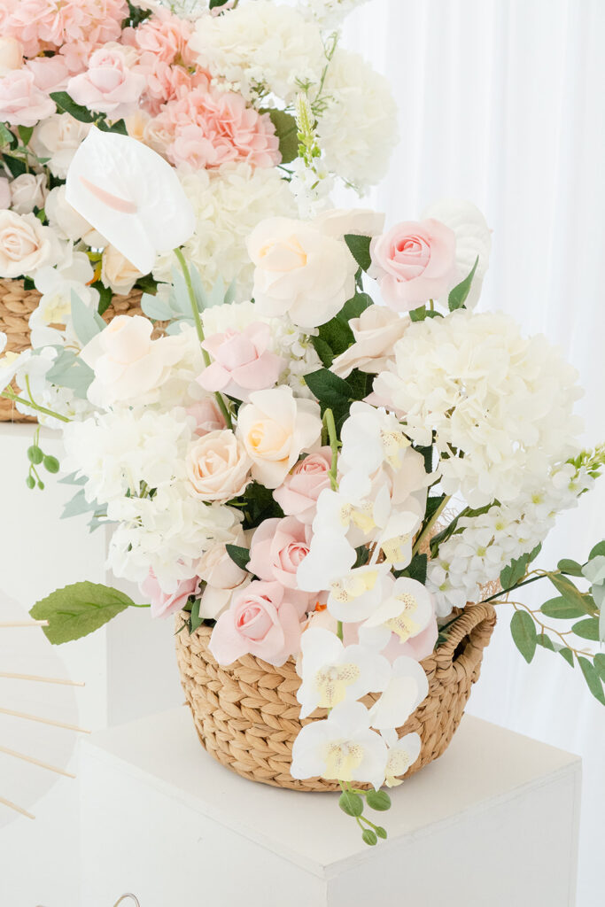 Blush pink floral centerpiece with roses, hydrangeas, and baby's breath.